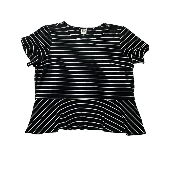 Anne Klein Womens XL Black & White Striped Shot Sleeve Ruffle Bottom Blouse - Picture 1 of 10
